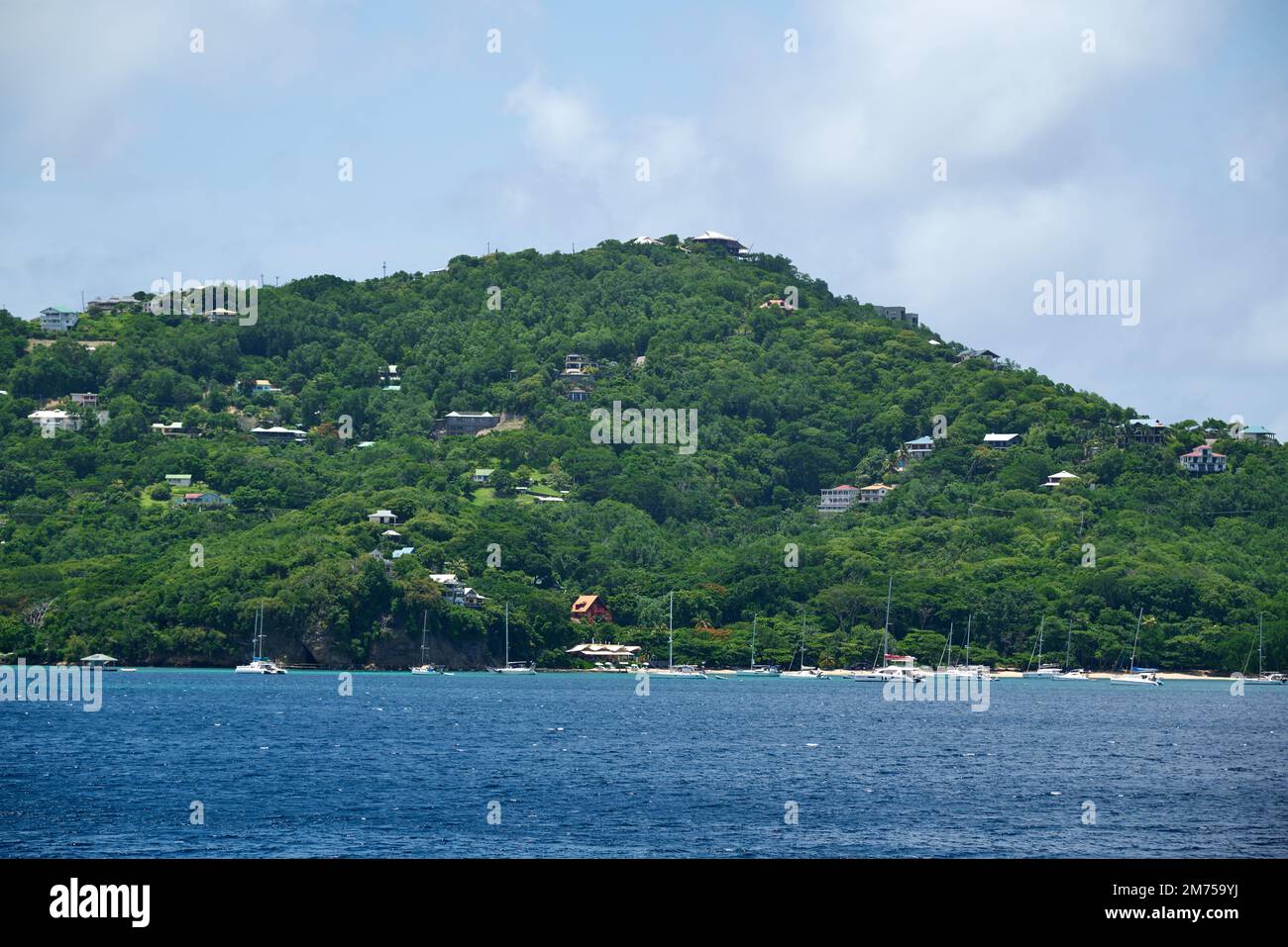 A landscape view of the sea with houses in the green hills on the beach ...