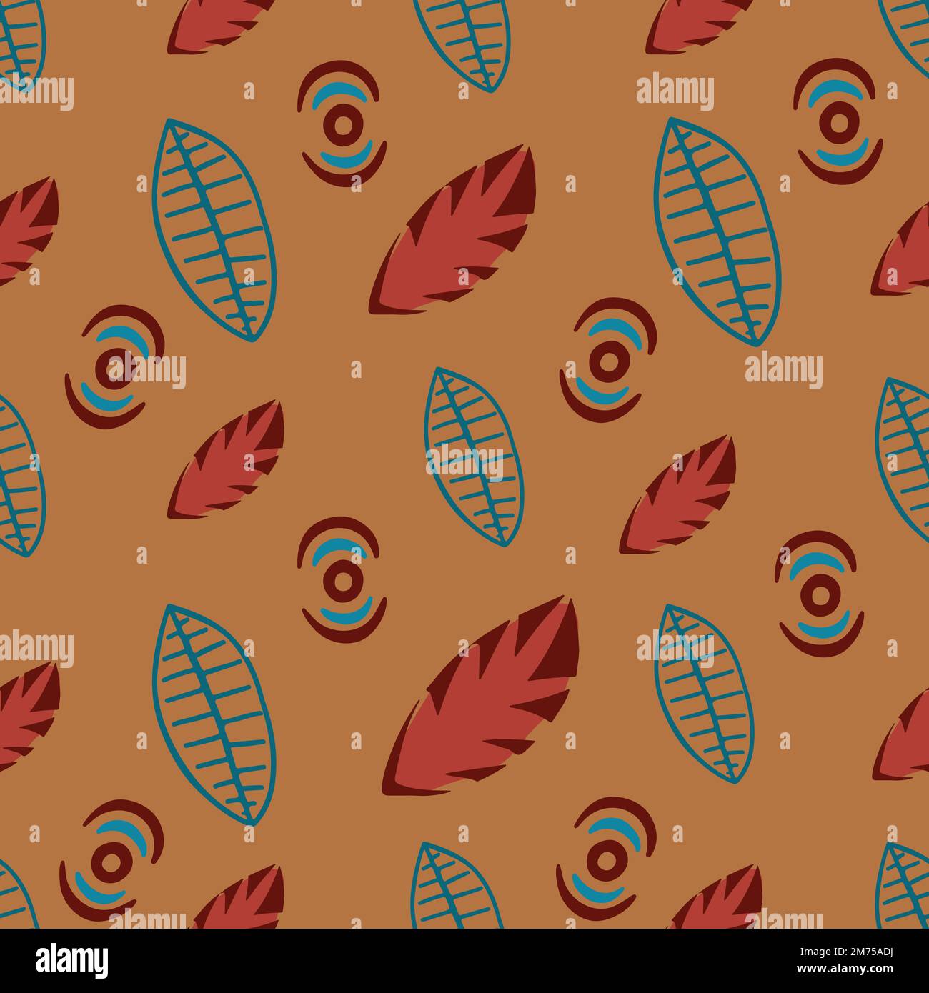 Hand drawn leaves Seamless Pattern with Tribal style elements on orange background. Stock Vector