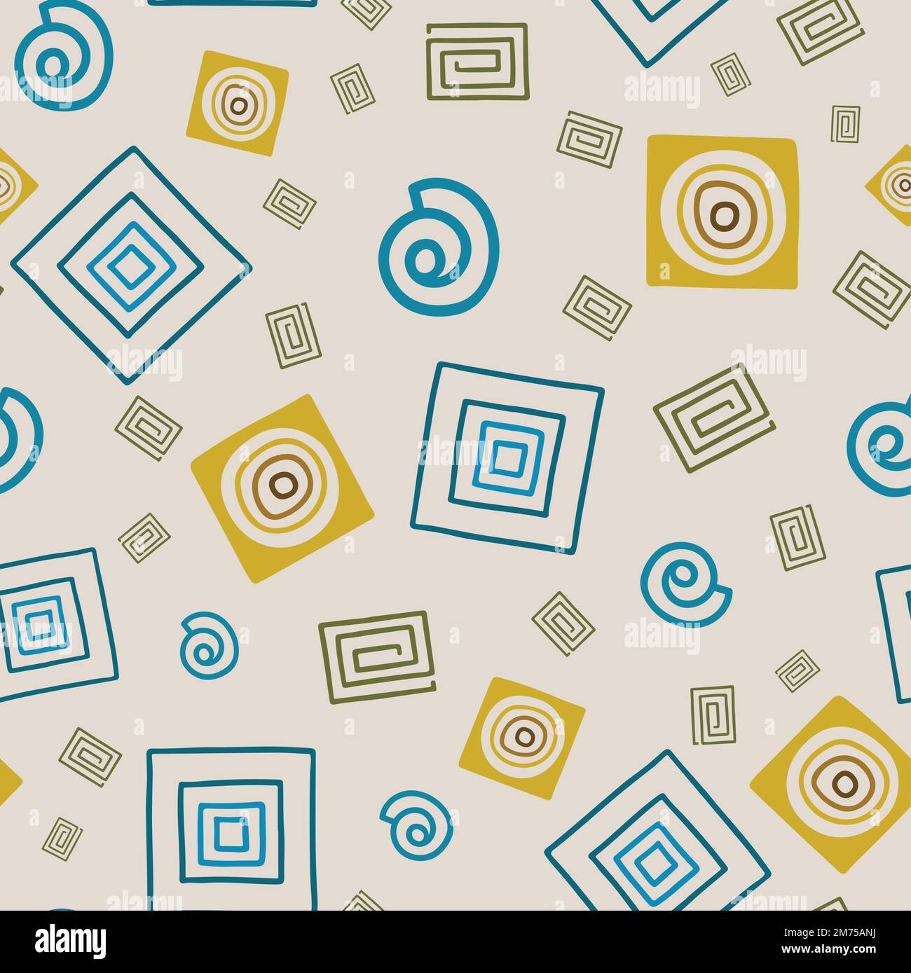 Tribal style square and circle seamless pattern on light background. Stock Vector