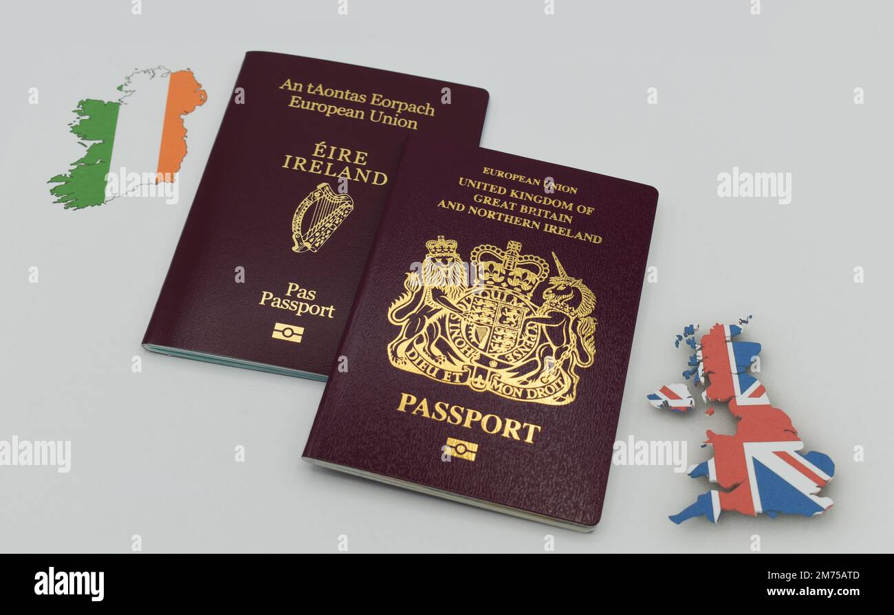 An EU Eire passport and an EU UK passport. Stock Photo