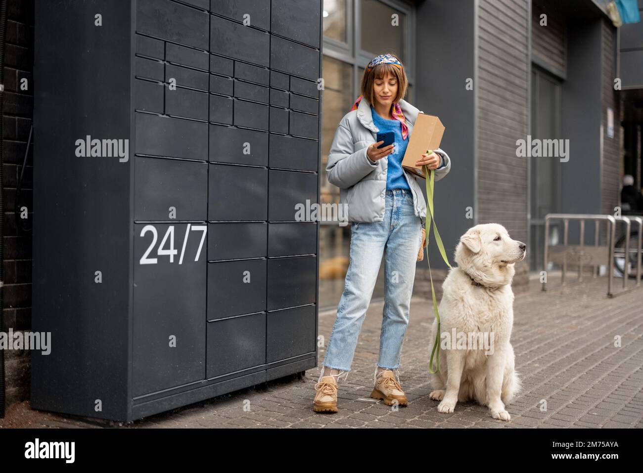 Woman receiving a parcel from automatic post machine during a walk with her dog Stock Photo