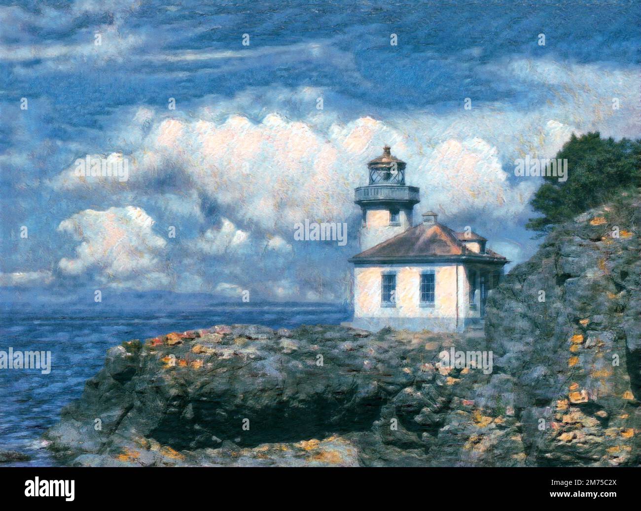 Digital painting effect on photo of lighthouse on the Puget Sound of Washington state during nice day with blue sky and clouds Stock Photo