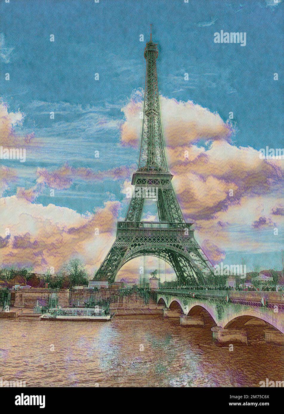 Digital watercolor painting effect of Eiffel Tower located in capital city of Paris, France with Seine River in forefront Stock Photo
