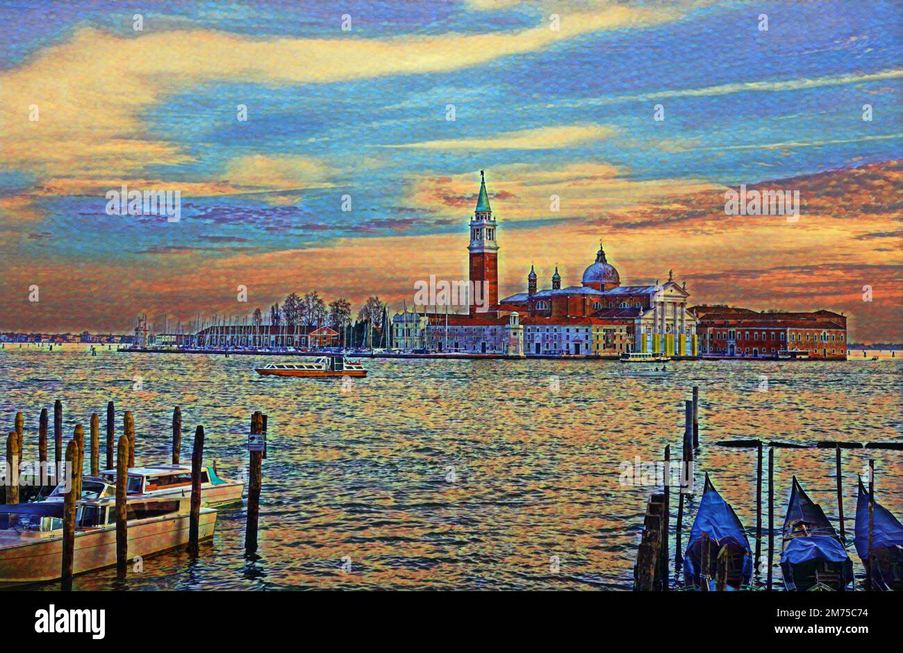 Digital watercolor painting effect of Grand Canal and Basilica Santa Maria della Salute, Venice, Italy in evening during autumn season Stock Photo