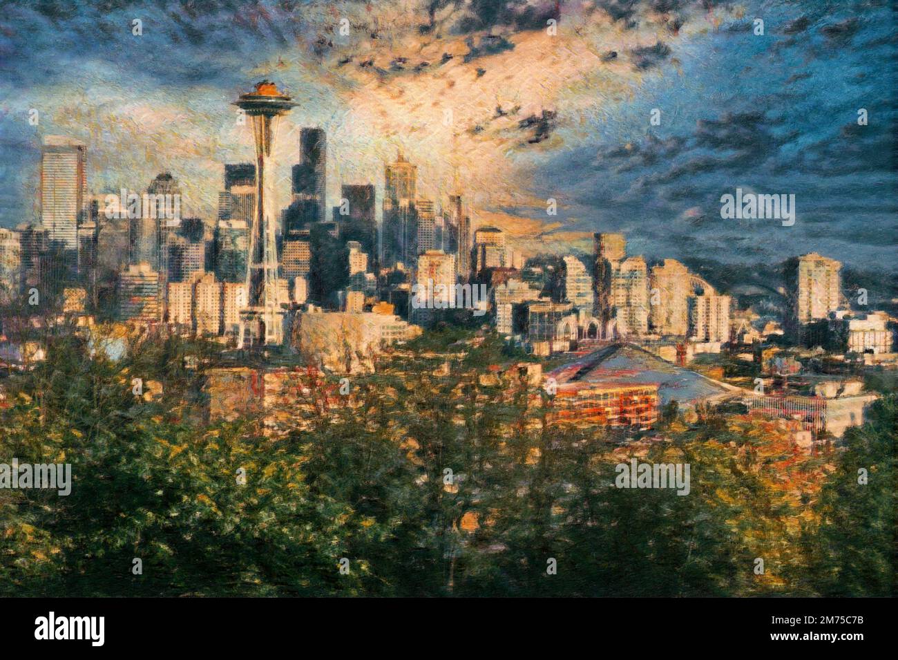 Watercolor painting effect from photo of City of Seattle Washington during late summer evening with storm clouds Stock Photo