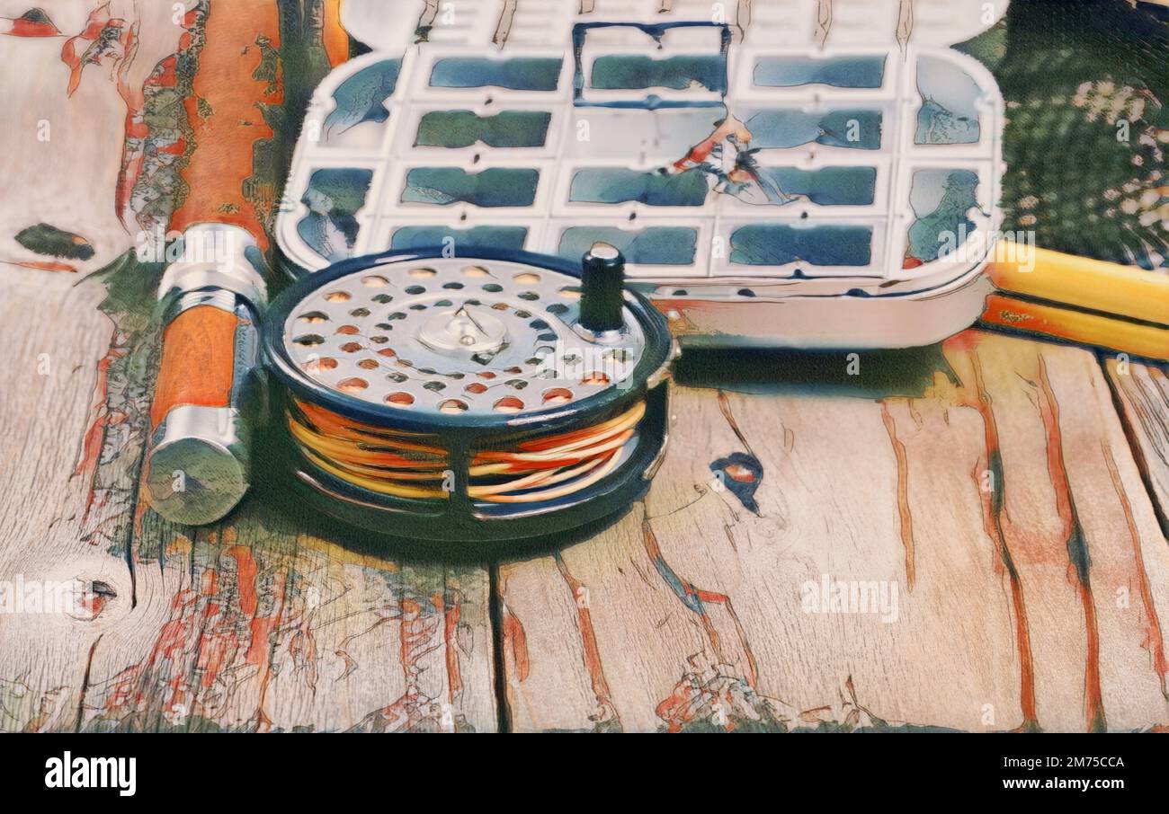 https://c8.alamy.com/comp/2M75CCA/digital-watercolor-painting-effect-of-antique-fly-reel-rod-and-landing-net-with-lure-container-on-rustic-wooden-boards-selective-focus-on-reel-2M75CCA.jpg