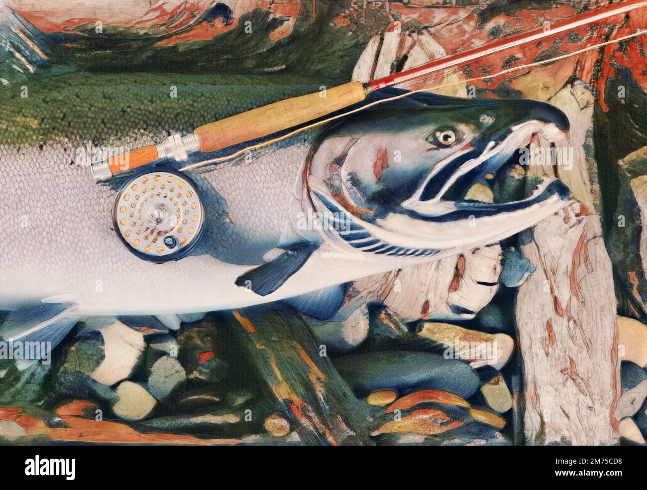 Digital watercolor painting effect on photo of antique fly rod and reel on large trout with stones and drift wood in background. Stock Photo