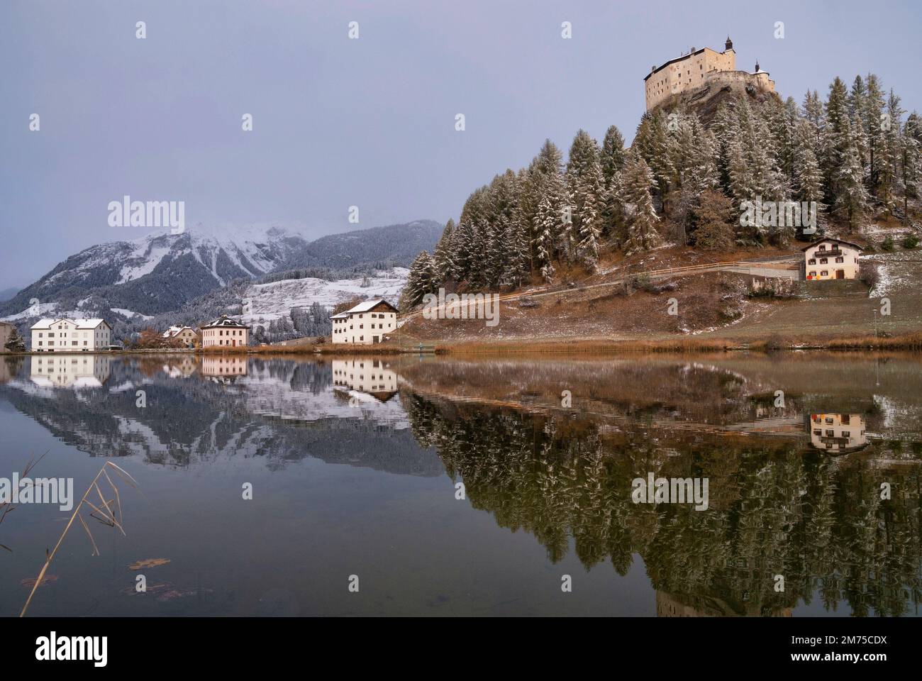 The village of Tarasp with its beautifully situated castle Stock Photo