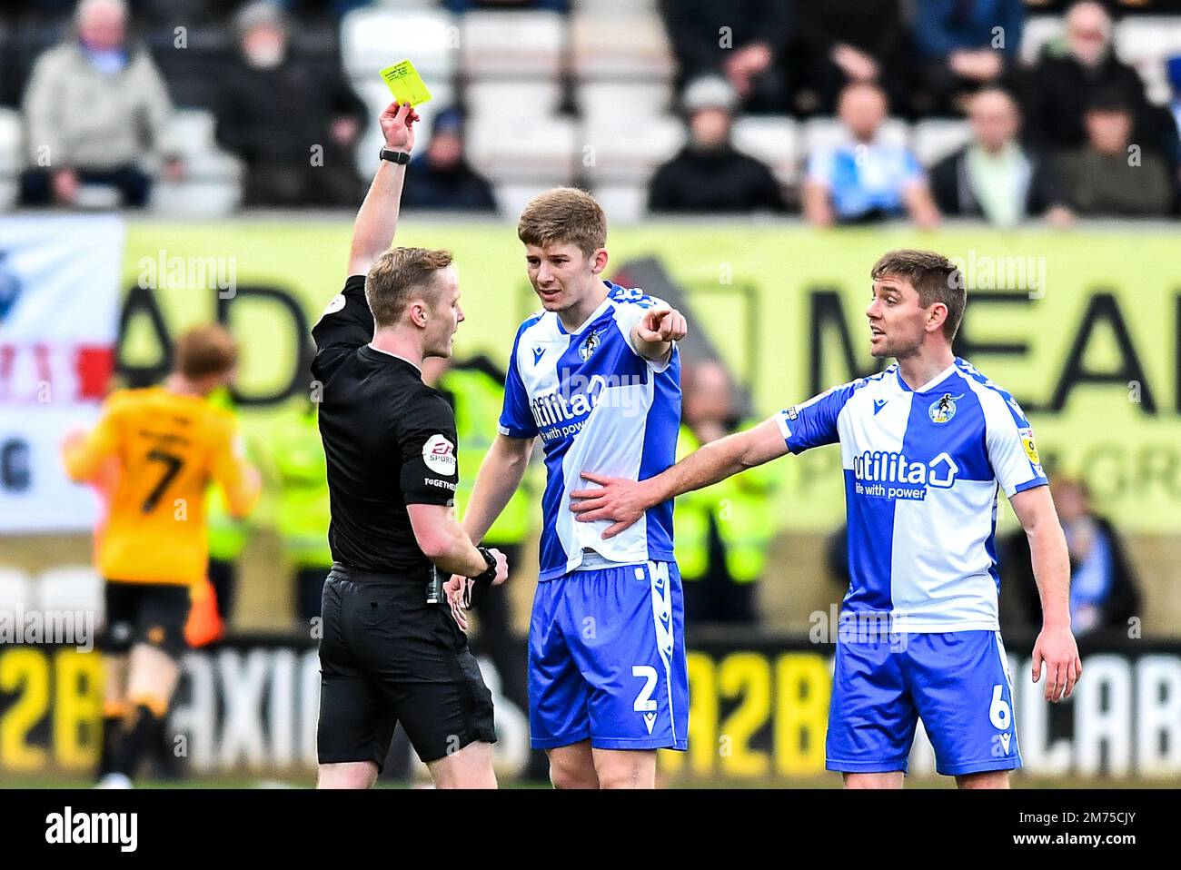 Cambridge, UK. 7th Jan 2023. James Connolly (2 Bristol Rovers) receives