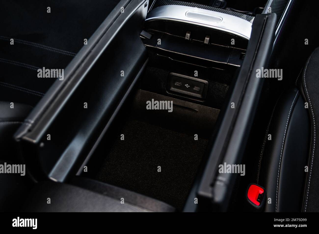 Opened car glove box compartment. Glove compartment of car Stock Photo