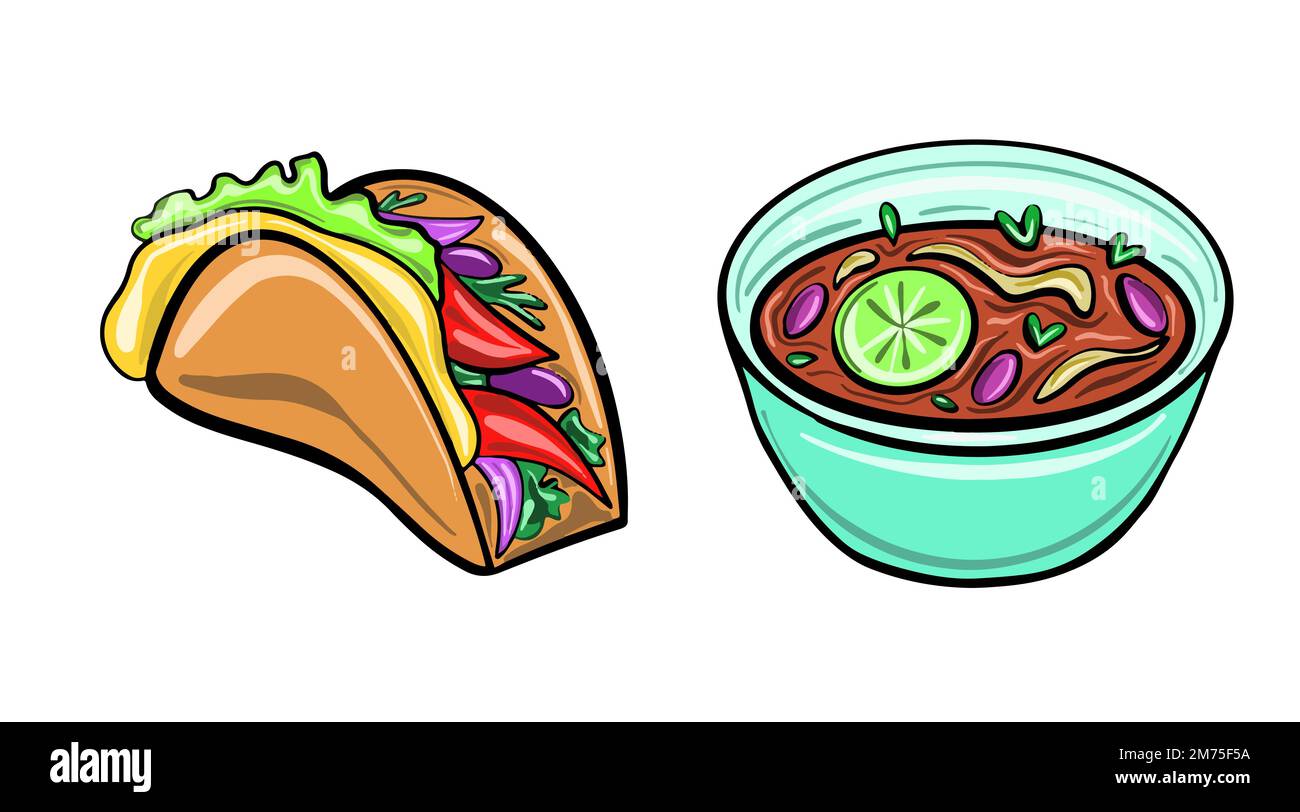 Doner kebab and soup pop art retro vector illustration. Isolated image on white background. Comic book style imitation. Stock Vector