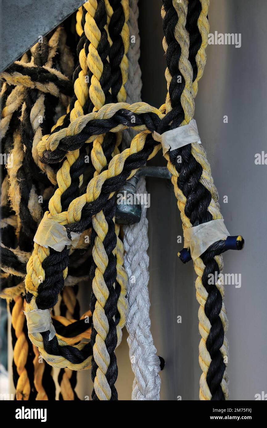 386 Coil of synthetic ropes for mooring and towing hanging on the deck
