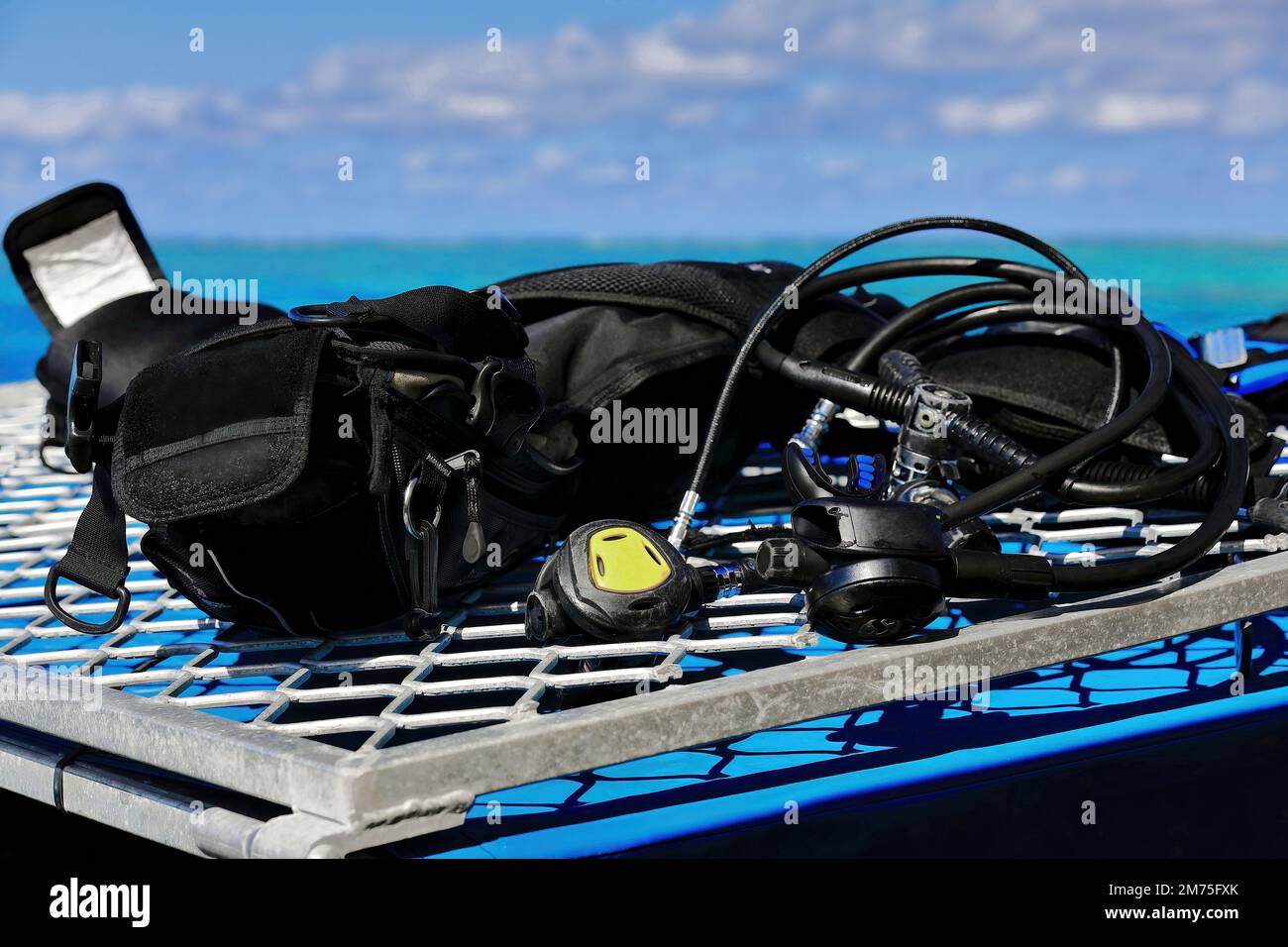 387 Breathing equipment for recreational scuba diving on a pontoon moored at the Great Barrier Reef. Queensland-Australia. Stock Photo