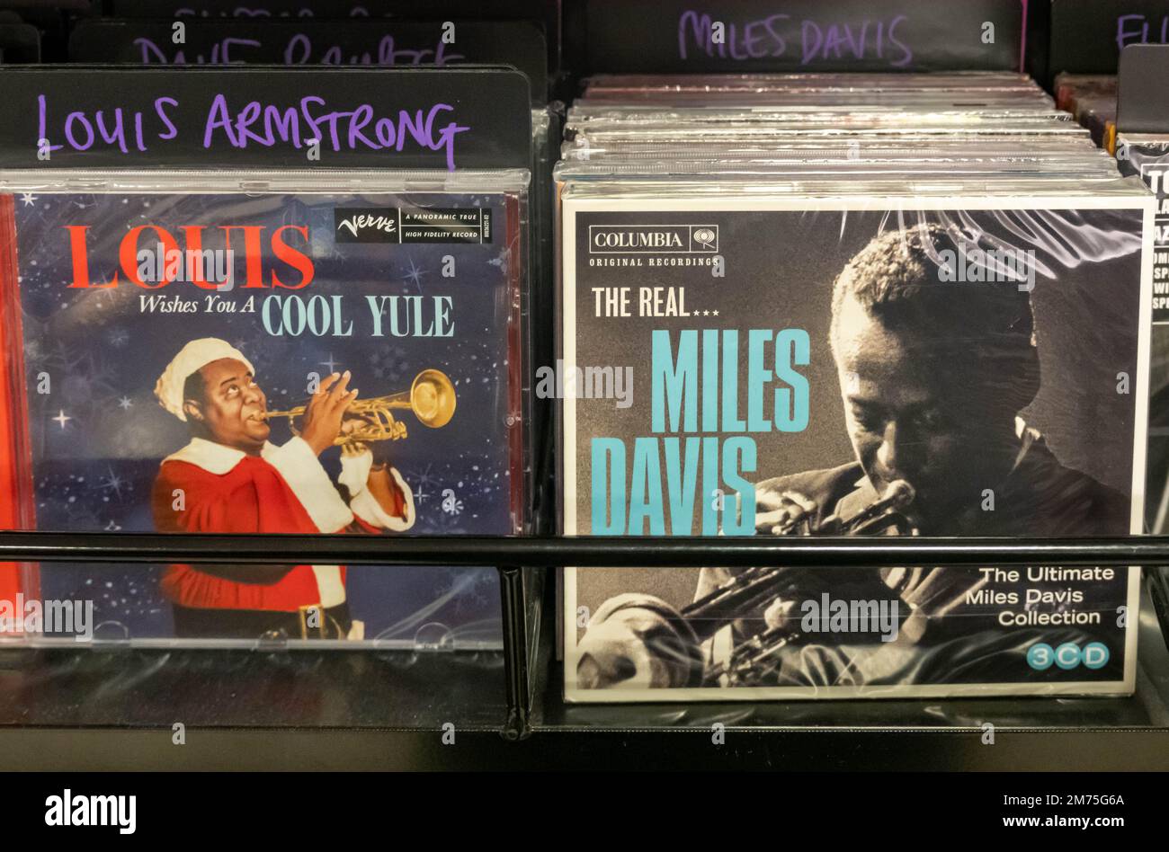 Louis Armstrong and Miles Davis albums for sale a The HMV Shop in Liverpool Stock Photo
