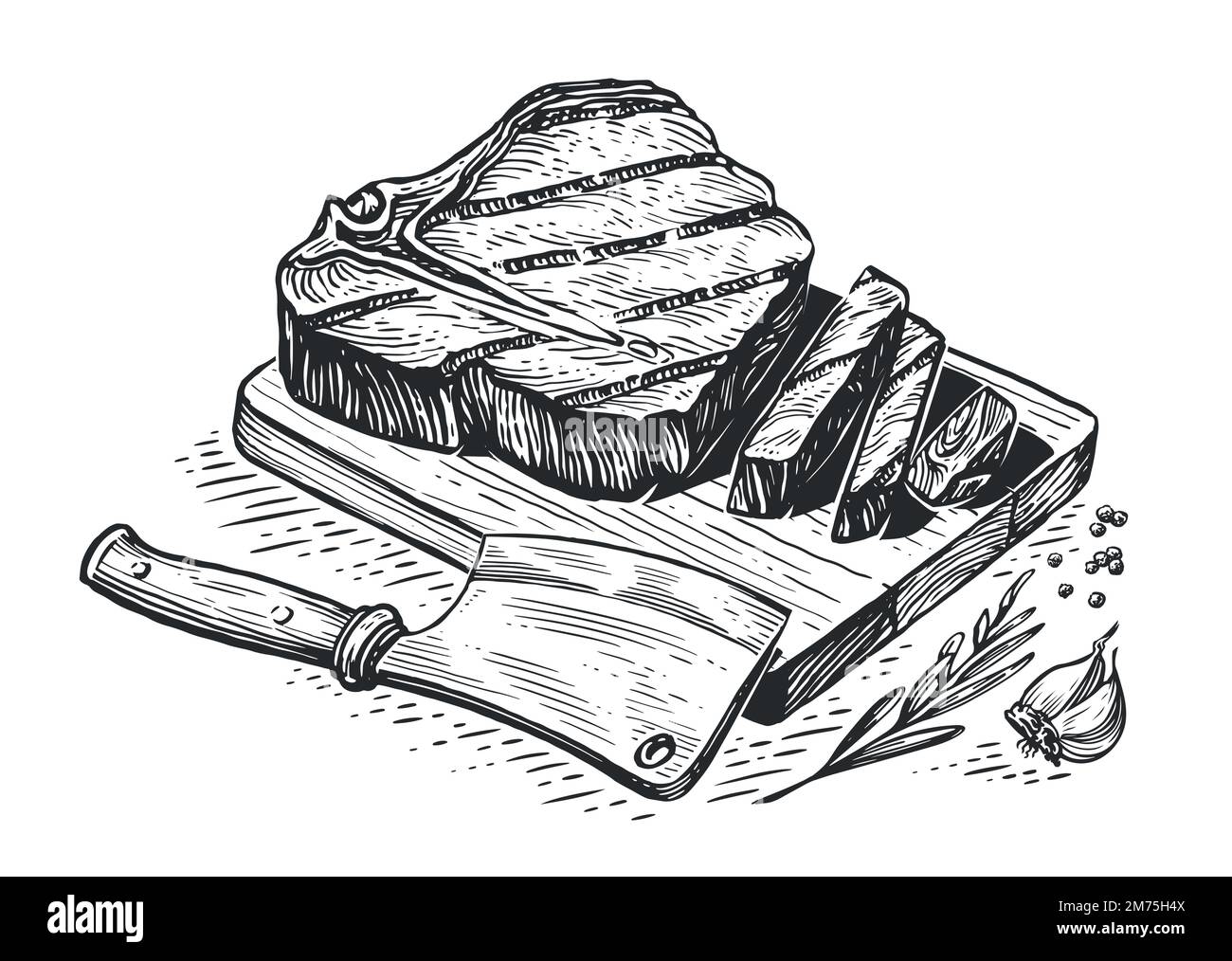 Grilled beef steak tenderloin and knife cleaver on wooden cutting board. Grill food, engraved sketch vector illustration Stock Vector