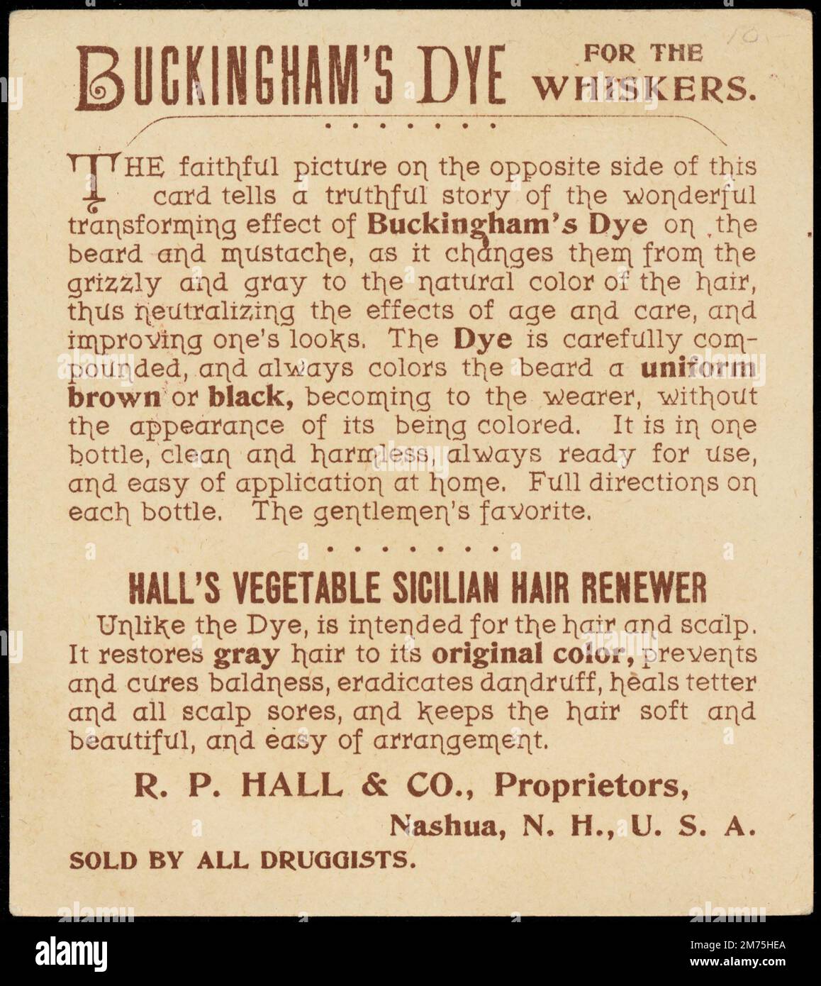 Back of a card advertising for Buckingham's dye for whiskers, circa 1900 Stock Photo
