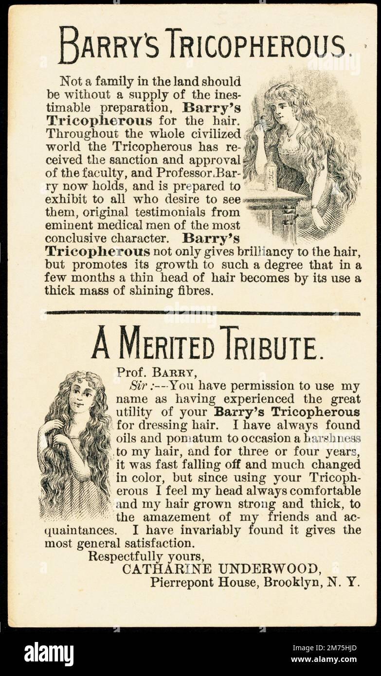 Back of a card advertising Barry's Tricopherous hair tonic, circa 1900 Stock Photo