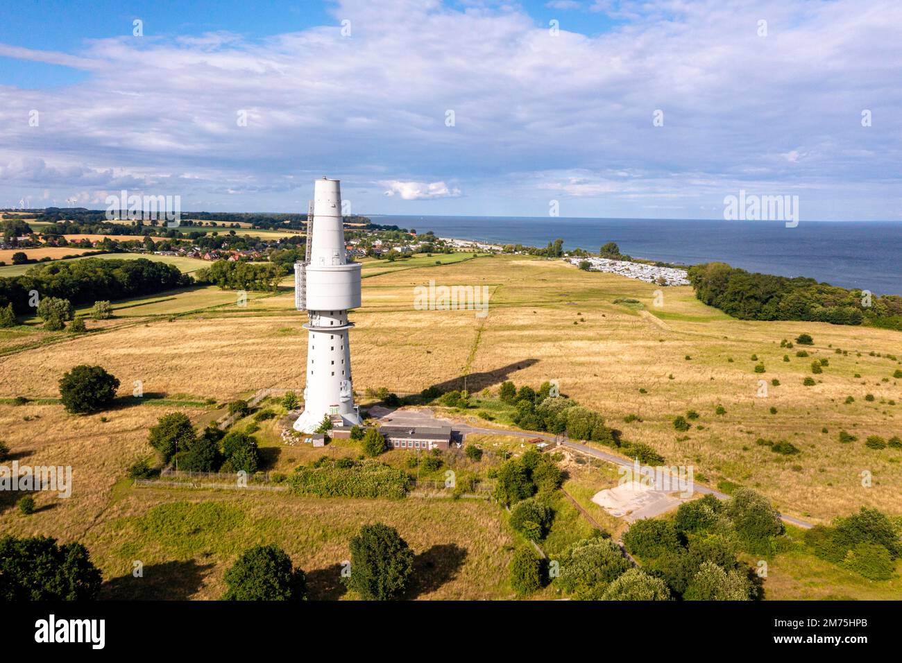 Drone photo, drone shot, listening tower near Pelzerhaken, old telecommunications tower, view of the Baltic Sea coast, camping site near Rettin Stock Photo