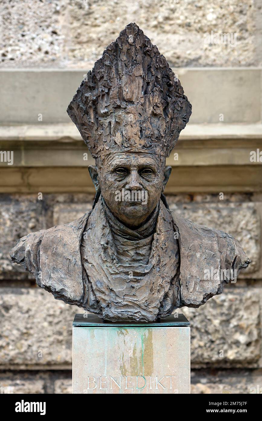 Bust of the German Pope Benedict XVI in front of the parish church ...