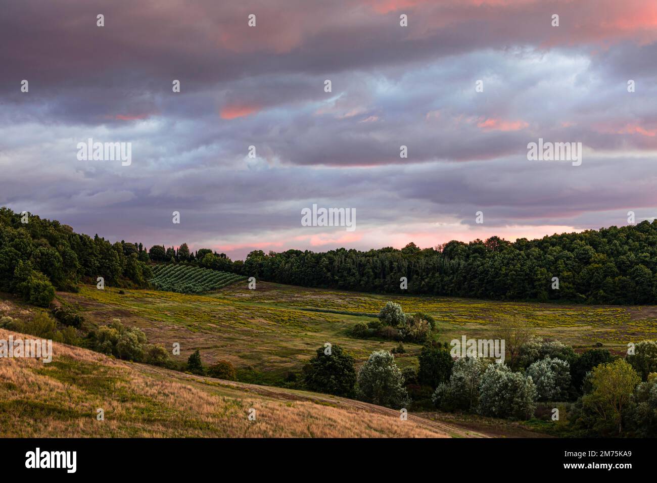 Sunset over the hilly moorland, near Abbadia Sicille, Trequanda, Tuscany, Italy Stock Photo