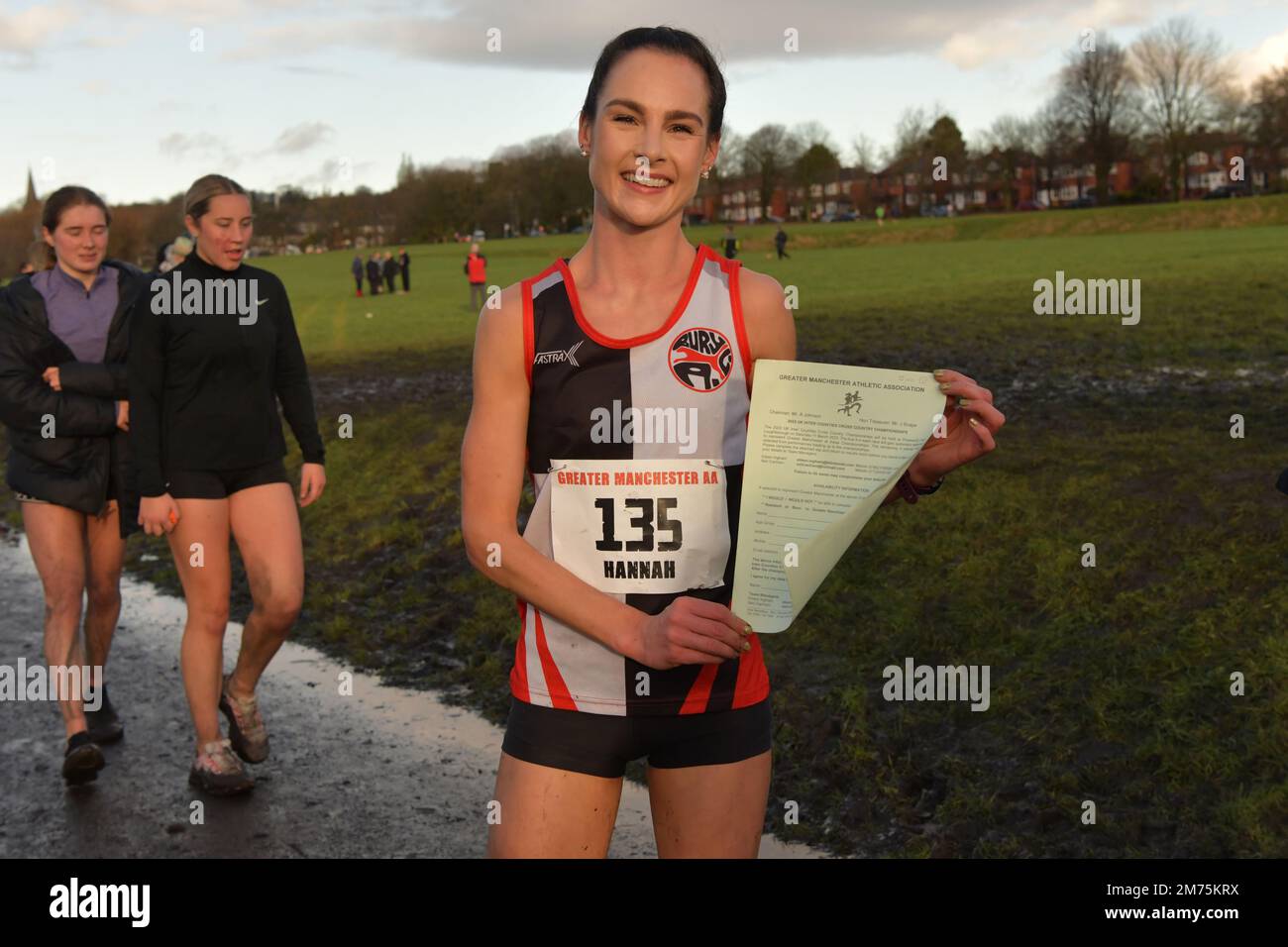 Bolton, UK. Saturday, 7 January, 2023. Cloudy, sunny intervals. Hannah Lucas, Bury athletic club wins Greater Manchester Athletic Association 2022 (rescheduled) Annual Cross Country Championships, senior women's race. Leverhulme park, Bolton, Greater Manchester. © Yoko Shelley Credit: Yoko Shelley/Alamy Live News. Stock Photo