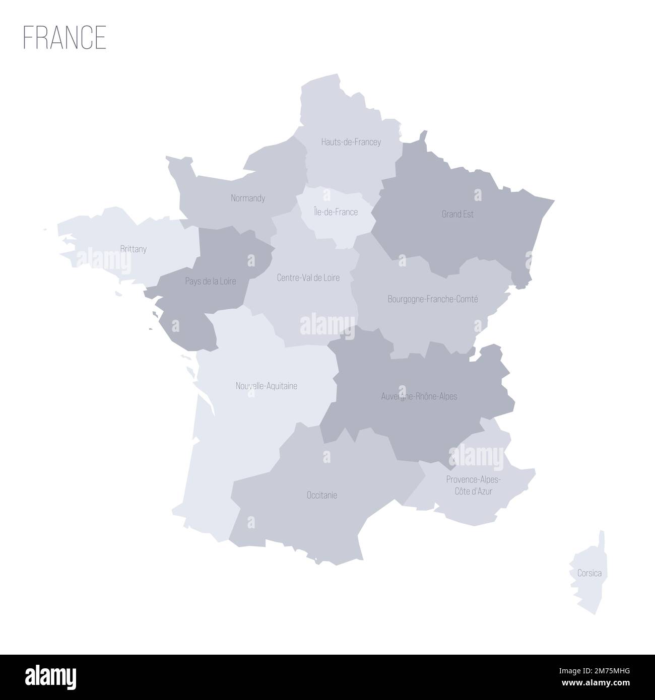 France political map of administrative divisions - regions. Grey vector map with labels. Stock Vector