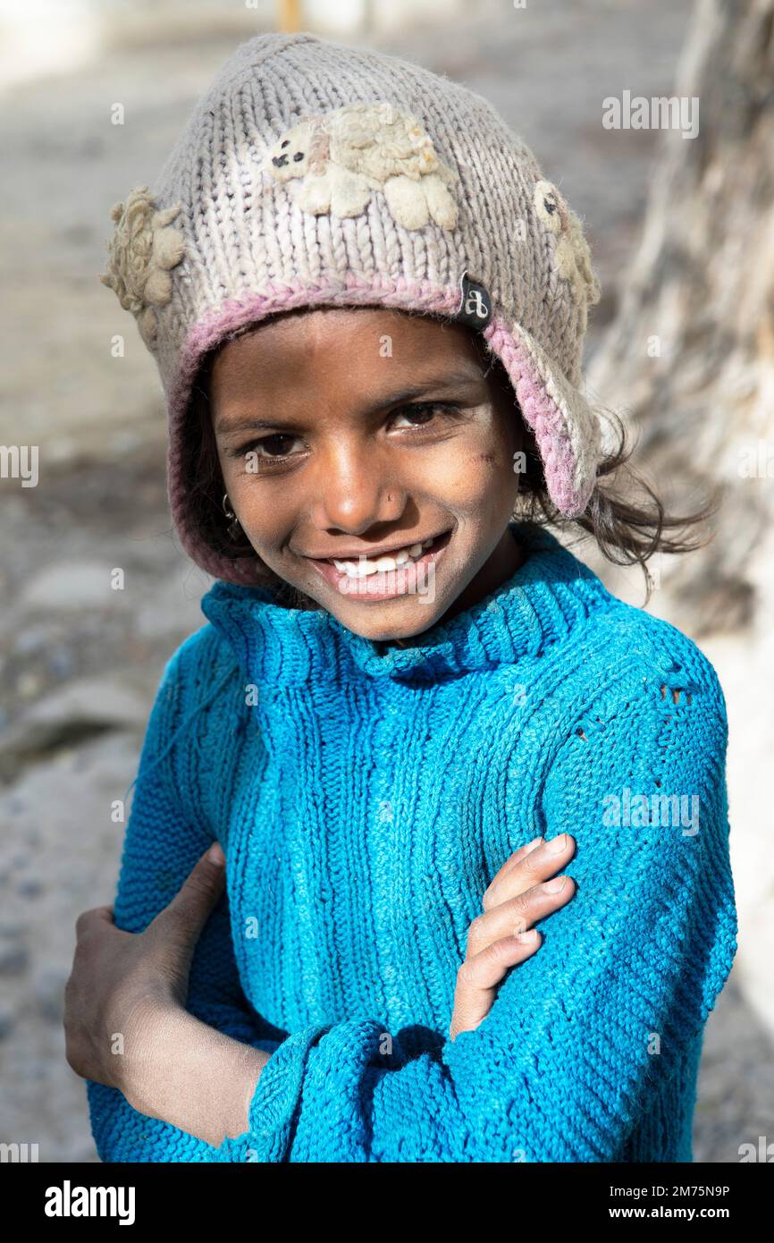 Ladakhi girl, 5 years, Hunder, Leh district, Nubra Tehsil, Ladakh, India Stock Photo