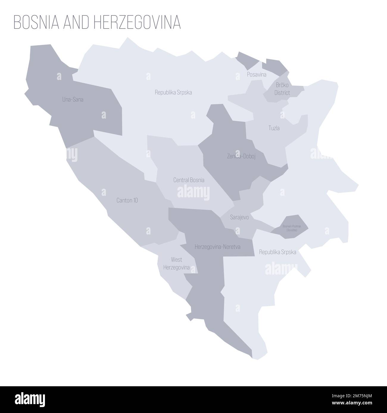 Bosnia and Herzegovina political map of administrative divisions - cantons of Federation of Bosnia and Herzegovina and Republika Srpska. Grey vector map with labels. Stock Vector