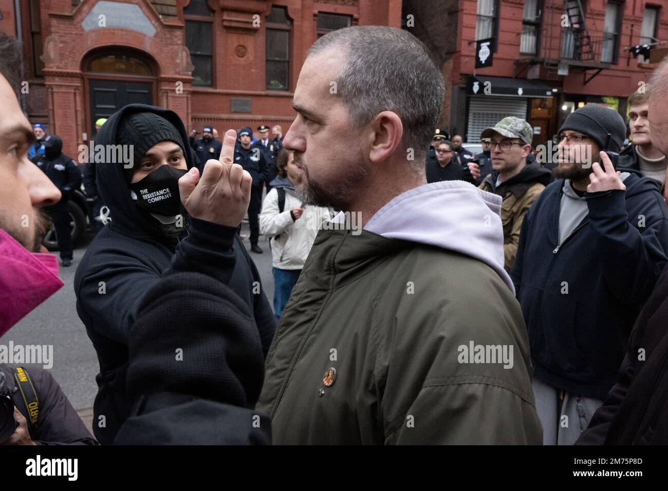 New York, New York, USA. 7th Jan, 2023. A demonstrator clashes with Franciscan Friar Christopher 'Fidelis'' Moscinski, a Pro life advocate of The Basilica of Saint Patrick's Old Cathedral, outside the church during their monthly protest converging on the planned parenthood office a couple of blocks north of the church on Mott and Bleeker Streets in New York. (Credit Image: © Brian Branch Price/ZUMA Press Wire) Credit: ZUMA Press, Inc./Alamy Live News Stock Photo