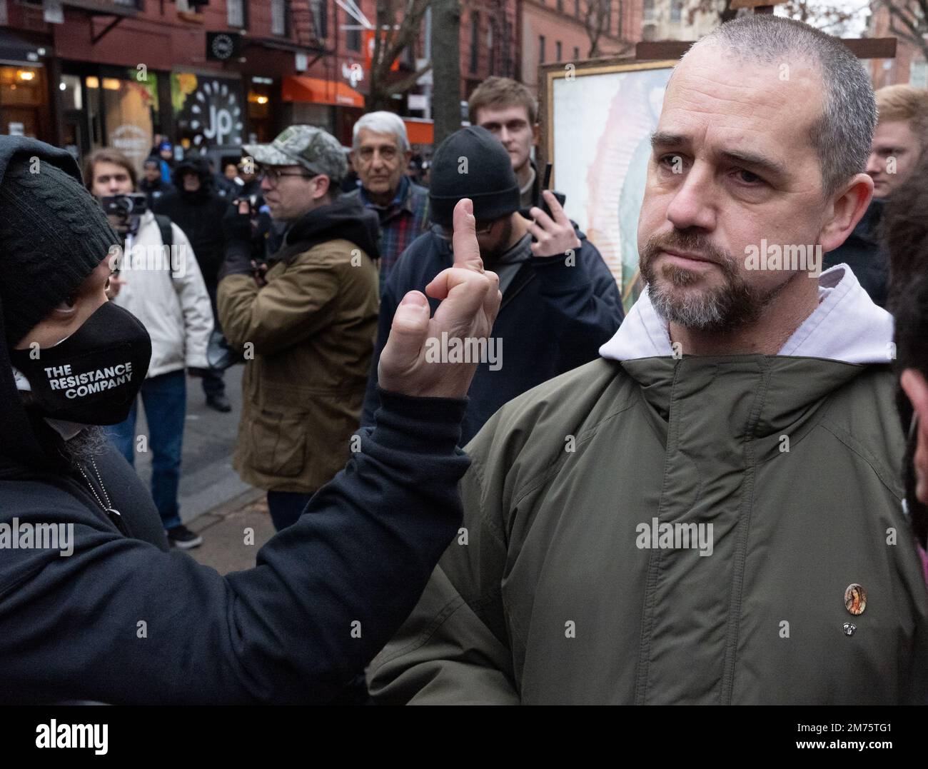 New York, New York, USA. 7th Jan, 2023. A demonstrator clashes with Franciscan Friar Christopher 'Fidelis'' Moscinski, a Pro life advocate of The Basilica of Saint Patrick's Old Cathedral, outside the church during their monthly protest converging on the planned parenthood office a couple of blocks north of the church on Mott and Bleeker Streets in New York. (Credit Image: © Brian Branch Price/ZUMA Press Wire) Credit: ZUMA Press, Inc./Alamy Live News Stock Photo