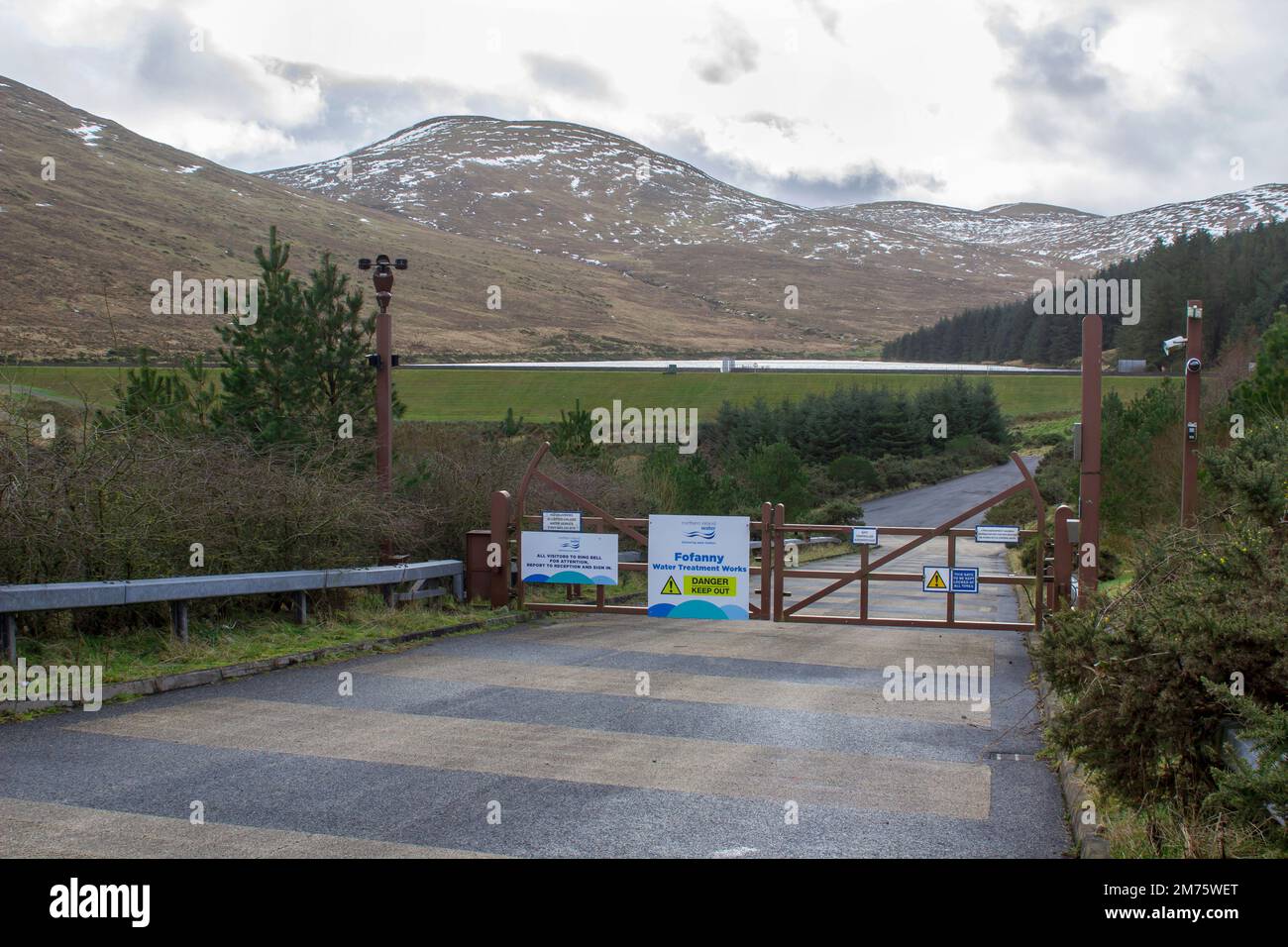 31 Jan 2018 The security gates at the entrance to the Fofanny Water treatment Works near Slieve Bernagh in the Western Mournes in county Down Northern Stock Photo