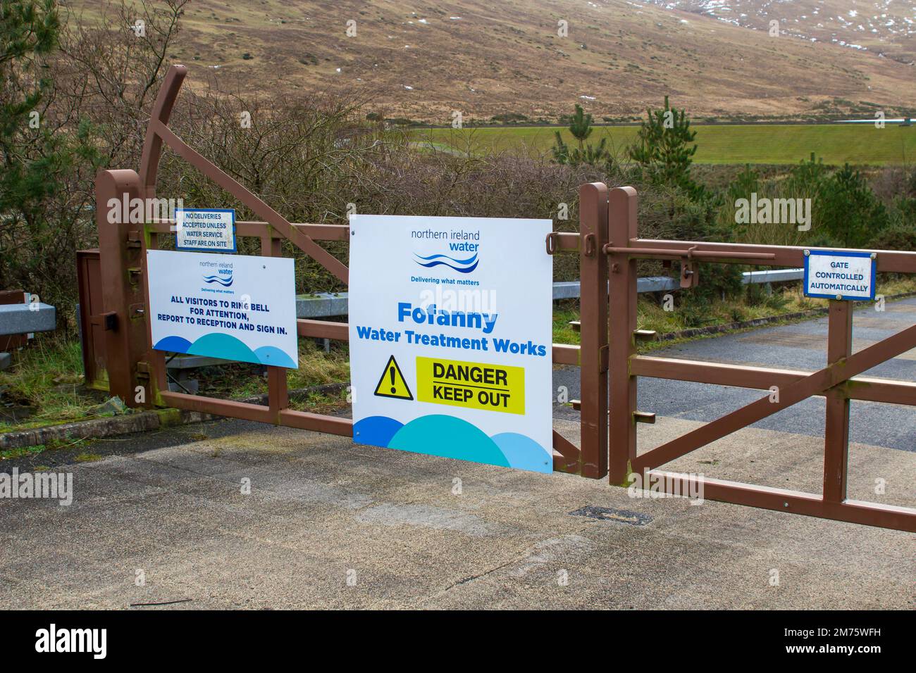 31 Jan 2018 The security gates at the entrance to the Fofanny Water treatment Works near Slieve Bernagh in the Western Mournes in county Down Northern Stock Photo