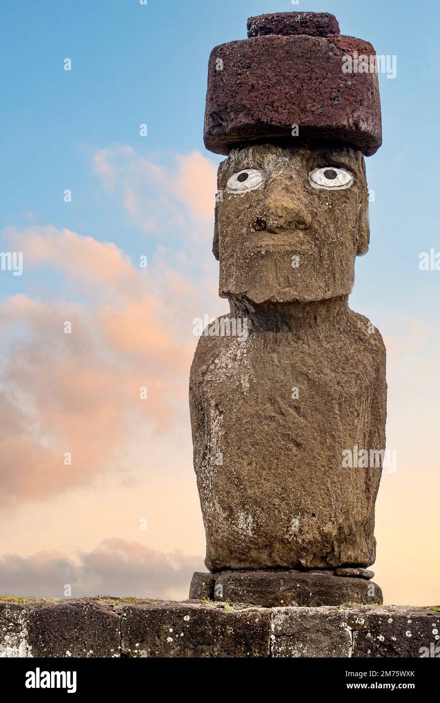 Closeup of e reerected moai at Ahu Tahai with restored pukao and