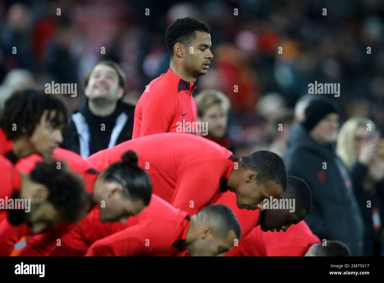Liverpool, UK. 07th Jan, 2023. Cody Gakpo of Liverpool (standing) during the warm up. The Emirates FA Cup, 3rd round match, Liverpool v Wolverhampton Wanderers at Anfield in Liverpool on Saturday 7th January 2023. this image may only be used for Editorial purposes. Editorial use only, license required for commercial use. No use in betting, games or a single club/league/player publications. pic by Chris Stading/Andrew Orchard sports photography/Alamy Live news Credit: Andrew Orchard sports photography/Alamy Live News Stock Photo