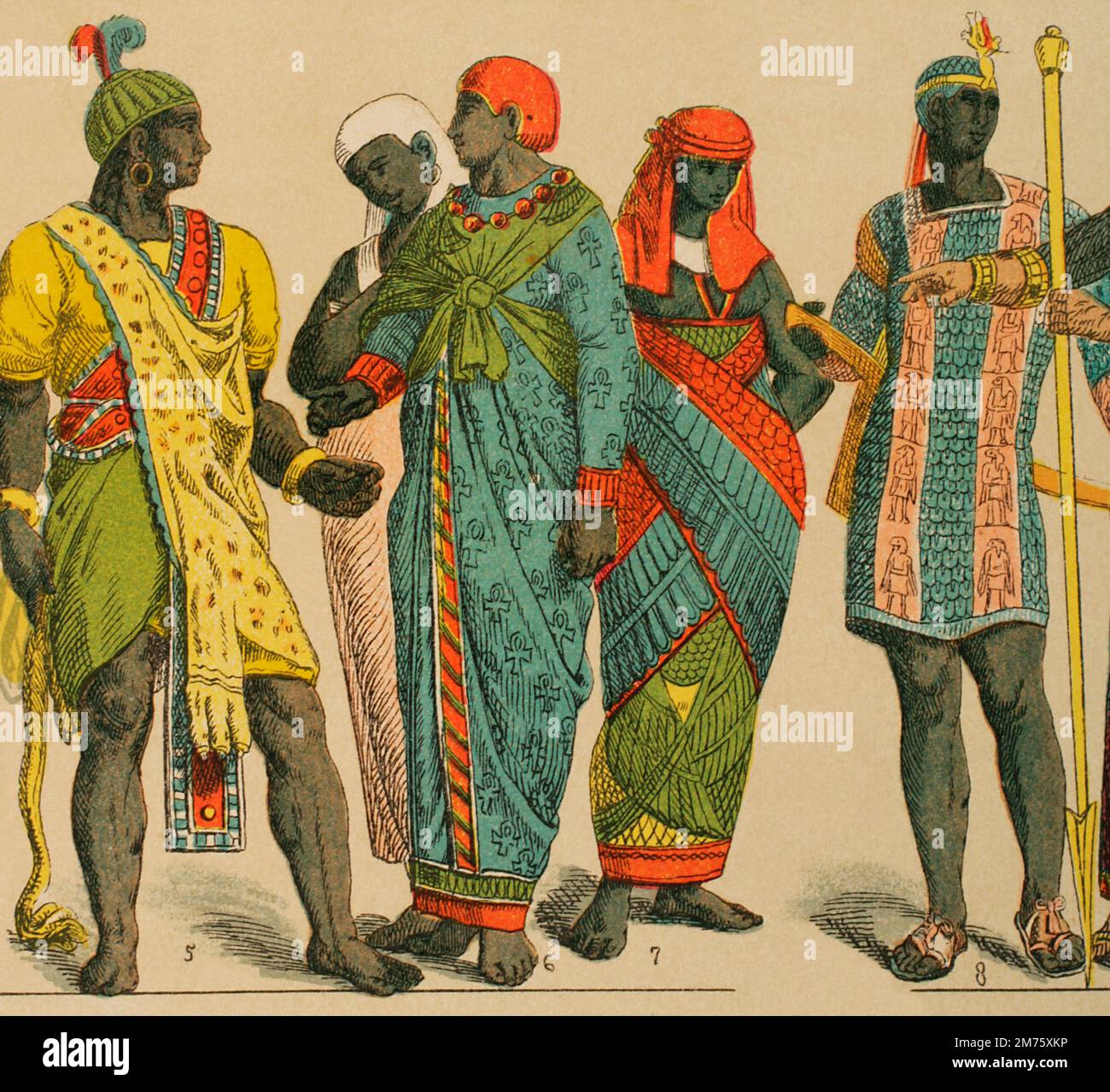 Ancient Egypt. From left to right; 5: animal skin used as a cape, 6: costume adhered to the body with long narrow sleeves, 7: priestess in ceremonial costume, 8: breastplate or chain-mail of scales. Chromolithography. 'Historia Universal' (Universal History), by Cesar Cantu. Volume I, 1881. Stock Photo
