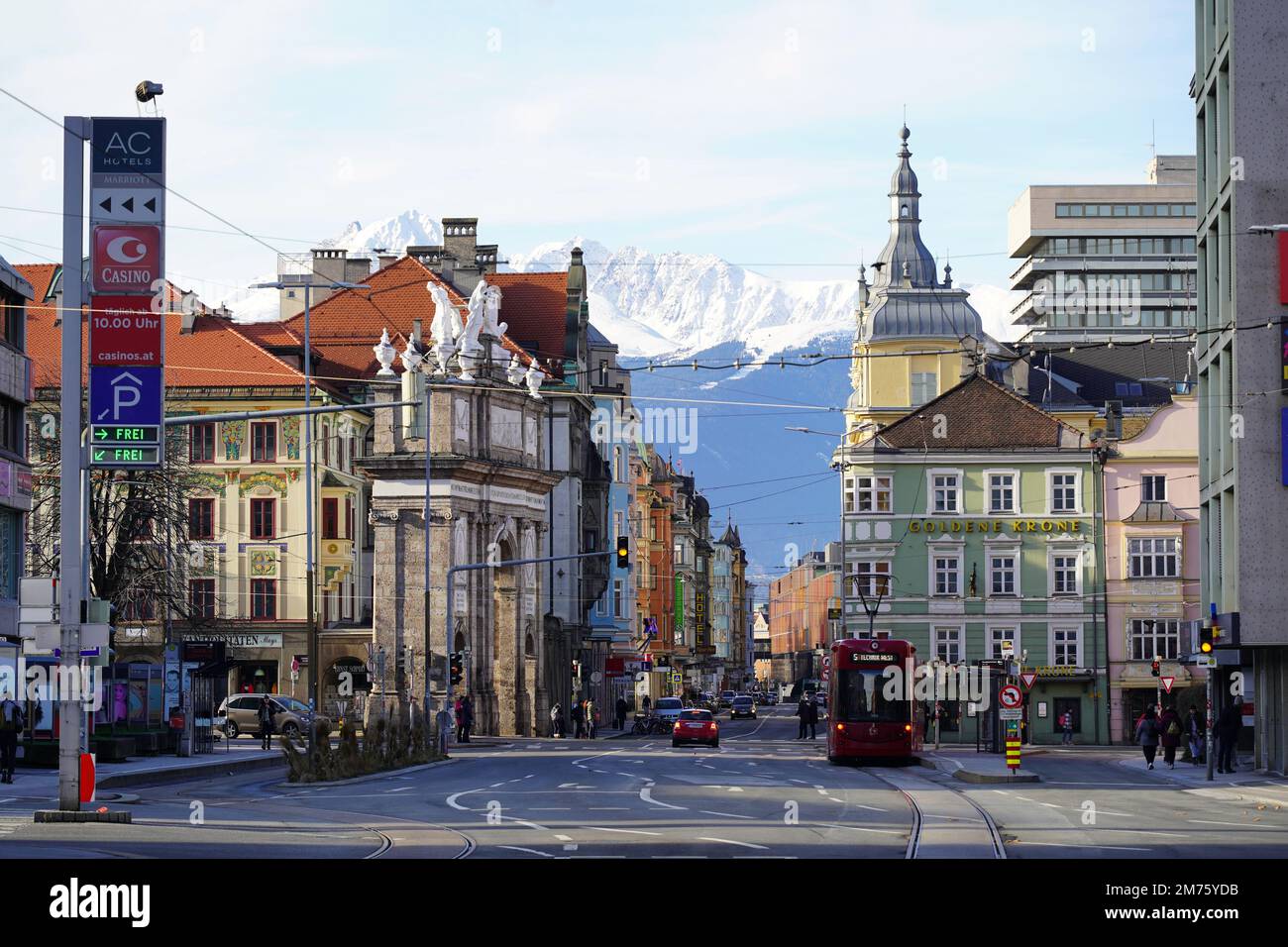 Innsbruck, Austria - December 2022: Historic center of the 'old town' part of the Innsbruck city (Altstadt Innsbruck) Stock Photo