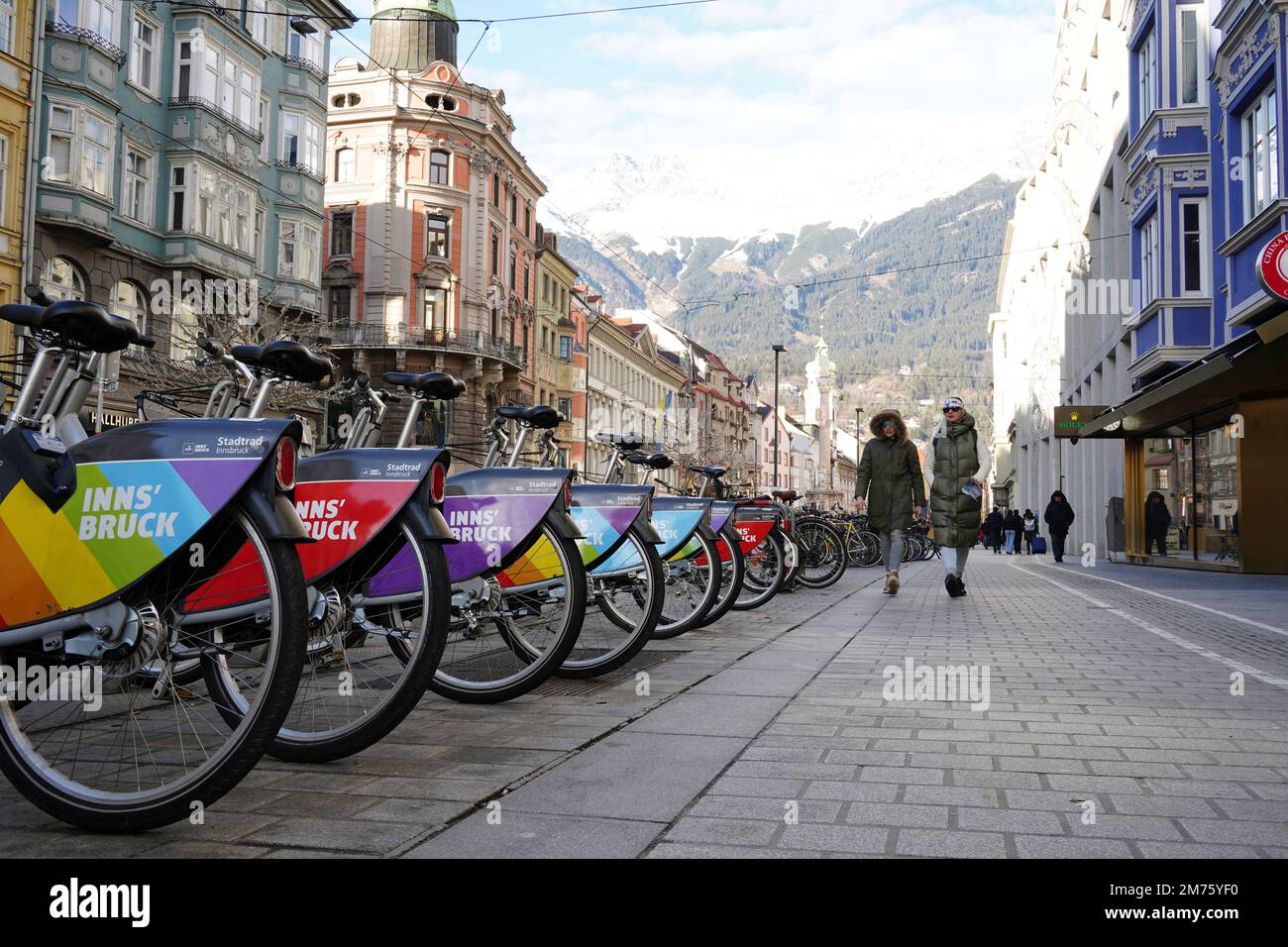 Innsbruck, Austria - December 2022: Bikes available for hire in the city centre of Innsbruck Stock Photo