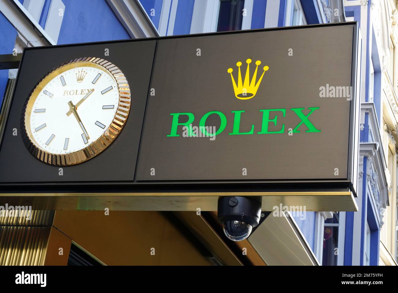 Innsbruck, Austria December 2022 Rolex clock shop signboard outside
