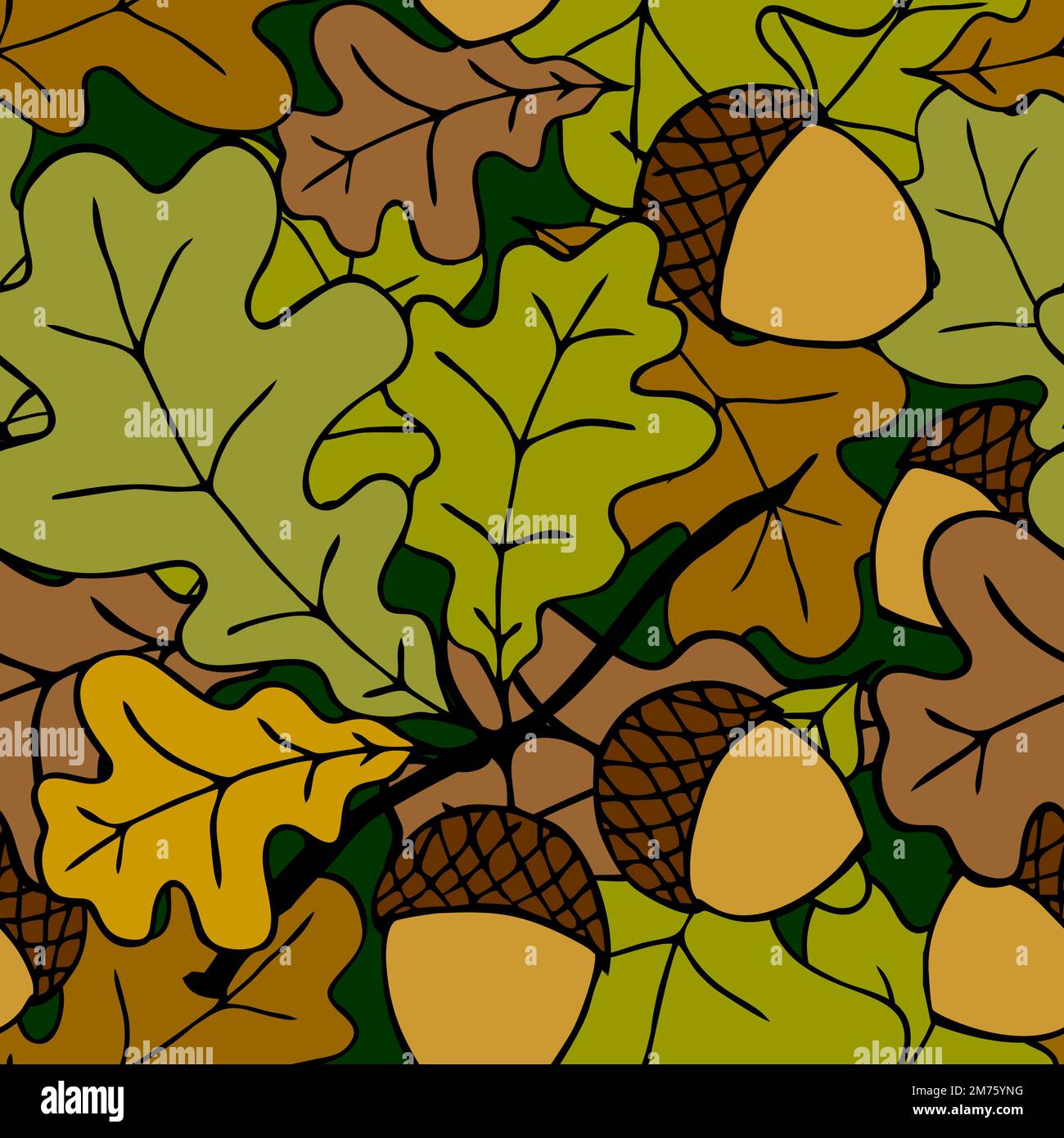 bright autumn seamless pattern of oak leaves and acorns on a green ...