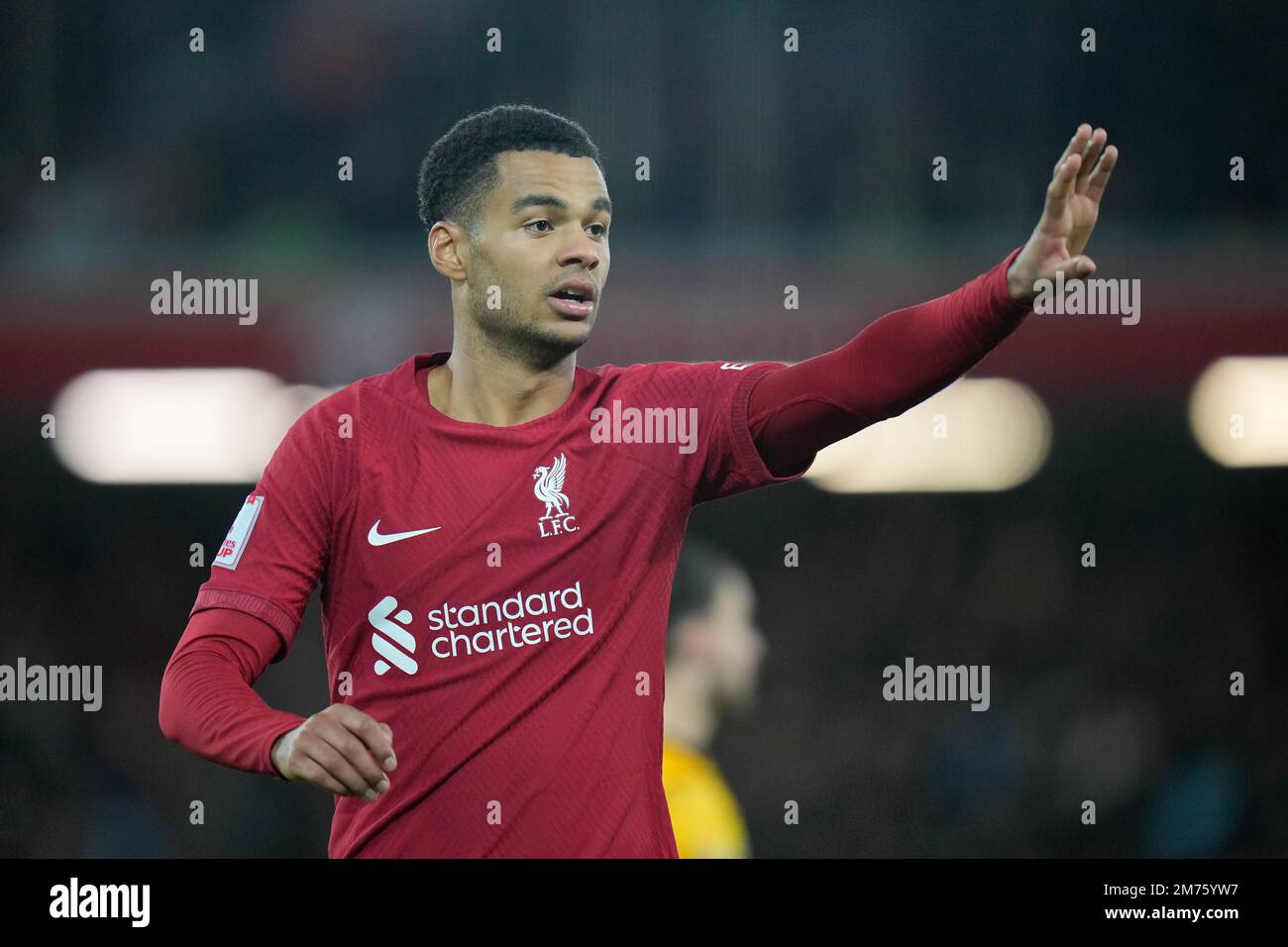 Cody Gakpo #18 of Liverpool during the Emirates FA Cup Third Round match Liverpool vs Wolverhampton Wanderers at Anfield, Liverpool, United Kingdom, 7th January 2023  (Photo by Steve Flynn/News Images) Stock Photo