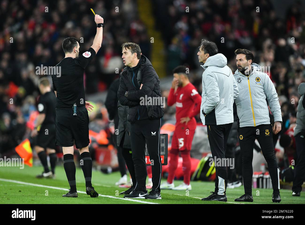 Liverpool, UK. 7th Jan, 2023. Julen Lopetegui manager of Wolverhampton Wanderers gets booked during the The FA Cup match at Anfield, Liverpool. Picture credit should read: Gary Oakley/Sportimage Credit: Sportimage/Alamy Live News Stock Photo