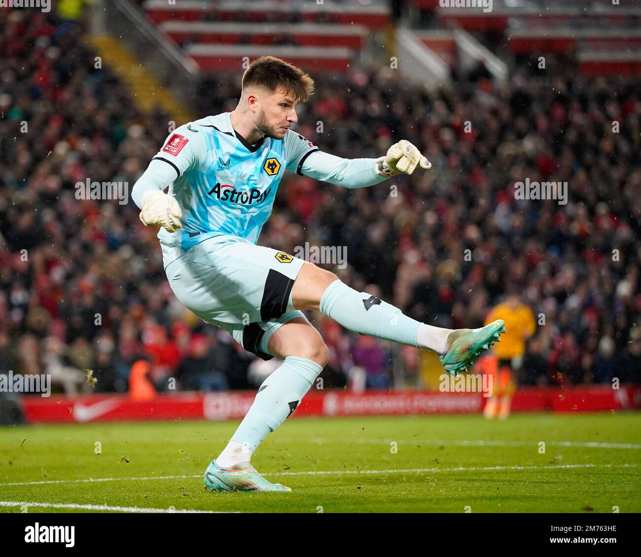 Matija Šarkić #13 of Wolverhampton Wanderers clears upfield during the Emirates FA Cup Third Round match Liverpool vs Wolverhampton Wanderers at Anfield, Liverpool, United Kingdom, 7th January 2023  (Photo by Steve Flynn/News Images) Stock Photo