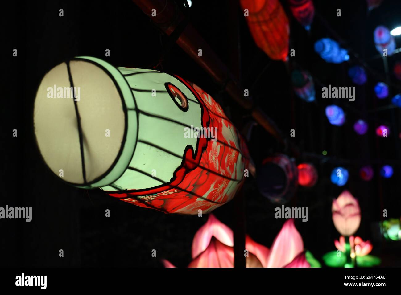 Close up of glowing fish lanterns at the Chinese Lantern Festival in