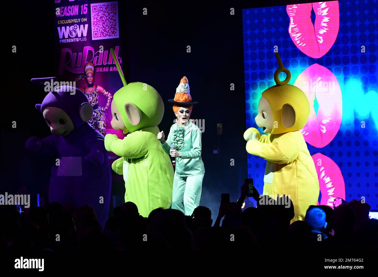London, UK. 07th Jan, 2023. River Medway & Teletubbies performs at the Main State Performance Day 2 at the RuPaul’s DragCon UK presented by World of Wonder at ExCeL London - 7th January 2023. Credit: See Li/Picture Capital/Alamy Live News Stock Photo