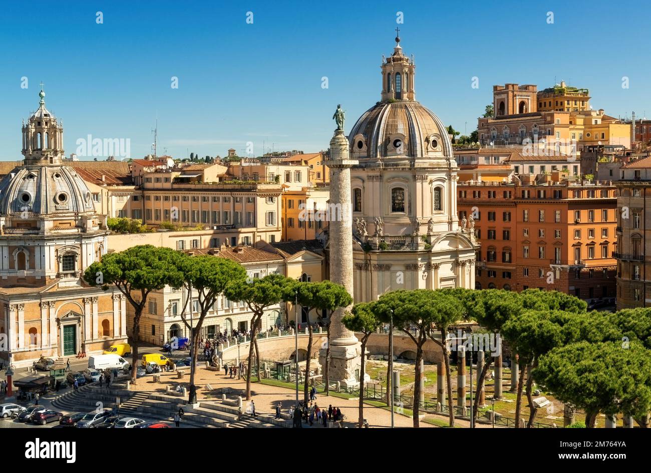 Scenery of Rome, Italy, Europe. Nice panorama of old buildings near ancient Forums in central Rome. Skyline of Roma city, beautiful view of streets, p Stock Photo