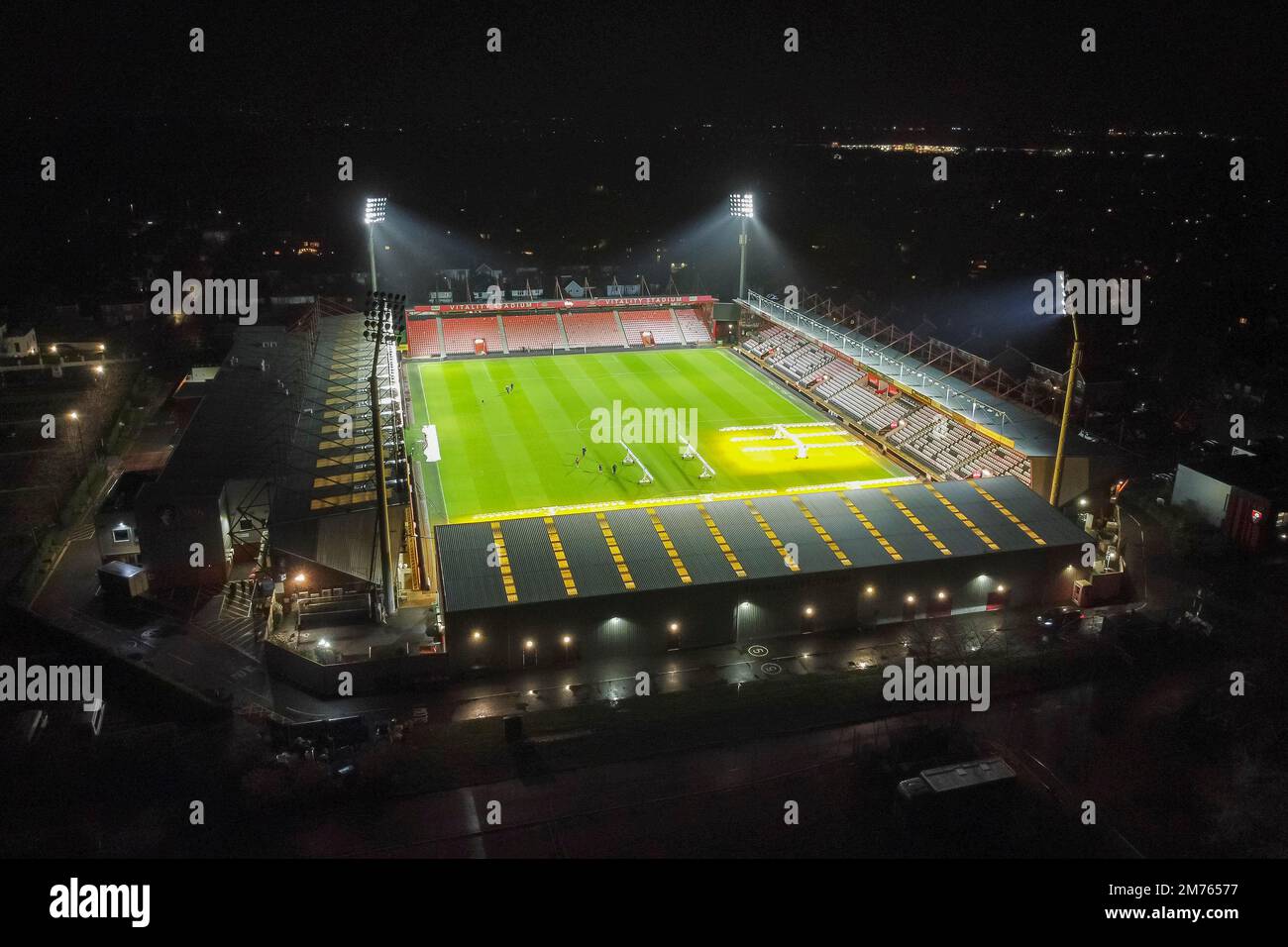 Bournemouth, Dorset, UK.  7th January 2023.  General view from the air of a floodlit Vitality Stadium at Bournemouth in Dorset.  Picture Credit: Graham Hunt/Alamy Live News Stock Photo