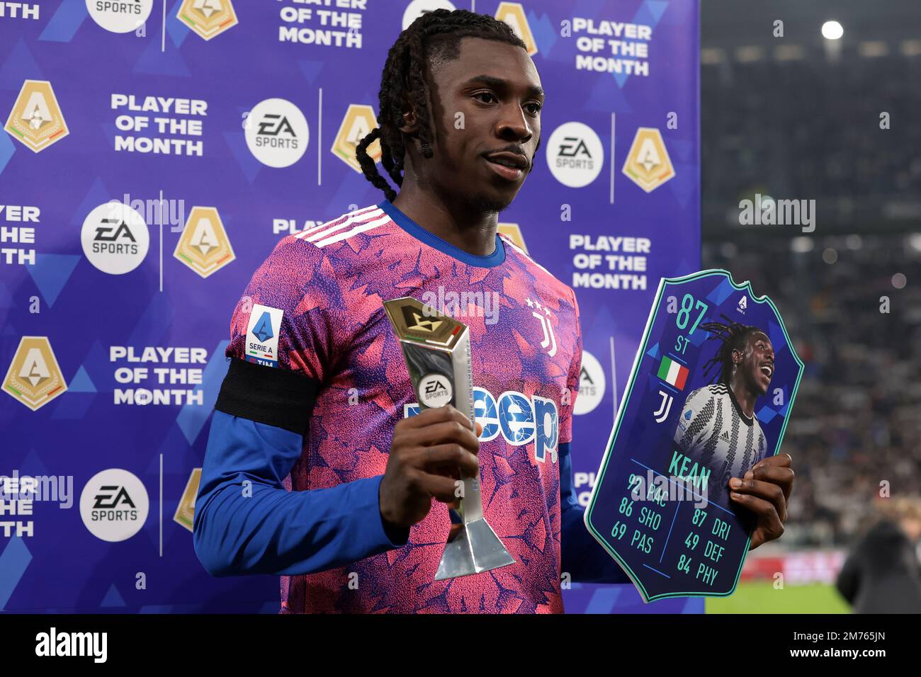 Turin, Italy. 7th Jan, 2023. Moise Kean of Juventus poses with his EA
