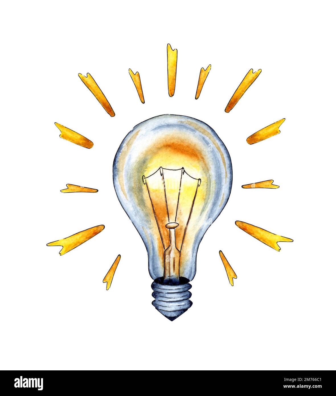Watercolor illustration of a yellow glowing light bulb with rays