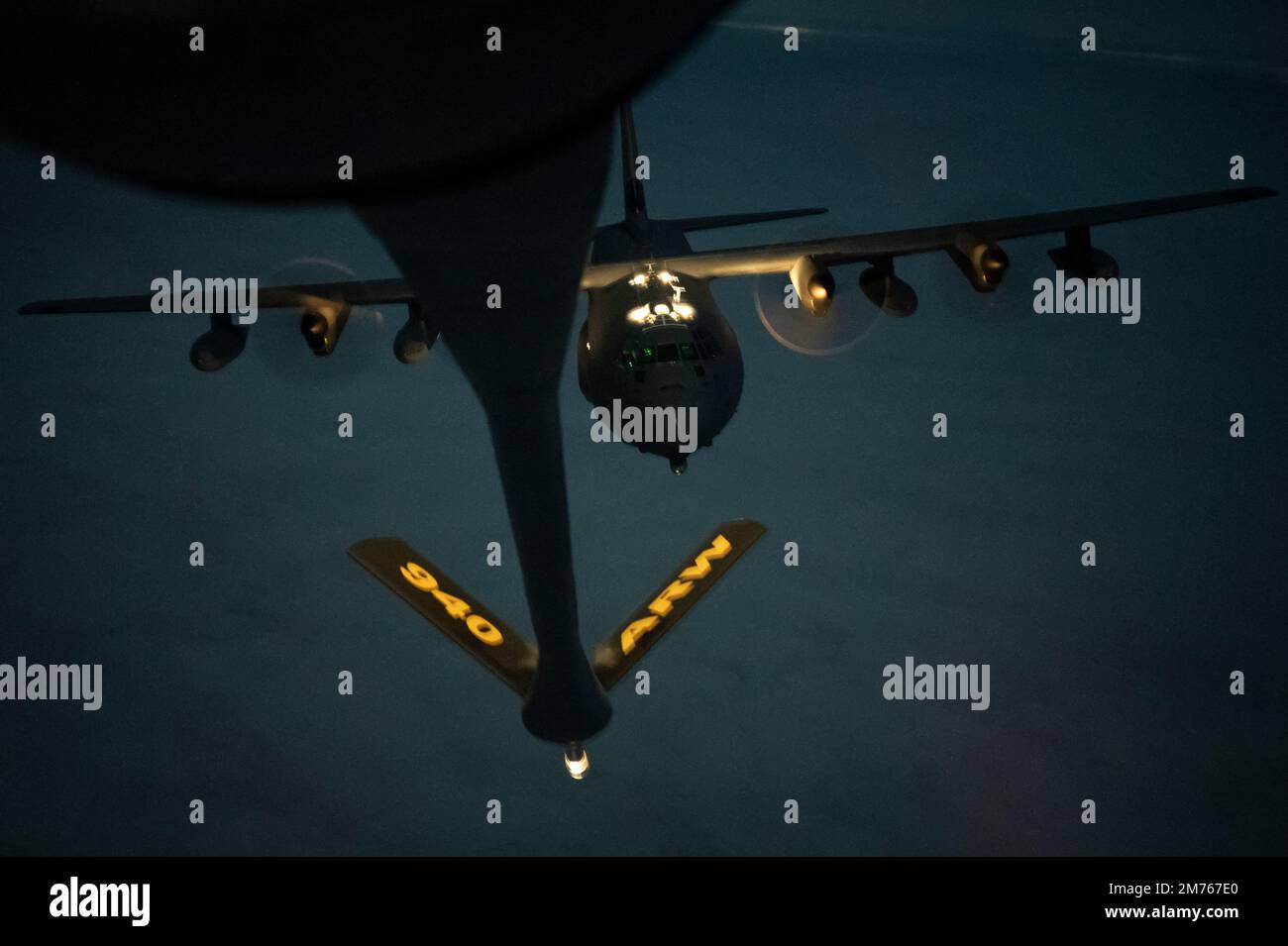 A U.S. Air Force MC-130J Commando II approaches a KC-135 Stratotanker ...