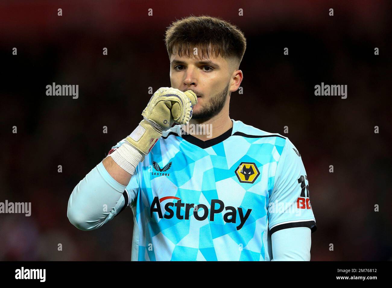 Liverpool, UK. 07th Jan, 2023. Matija Sarkic, the goalkeeper of Wolverhampton Wanderers looks on. The Emirates FA Cup, 3rd round match, Liverpool v Wolverhampton Wanderers at Anfield in Liverpool on Saturday 7th January 2023. this image may only be used for Editorial purposes. Editorial use only, license required for commercial use. No use in betting, games or a single club/league/player publications. pic by Chris Stading/Andrew Orchard sports photography/Alamy Live news Credit: Andrew Orchard sports photography/Alamy Live News Stock Photo